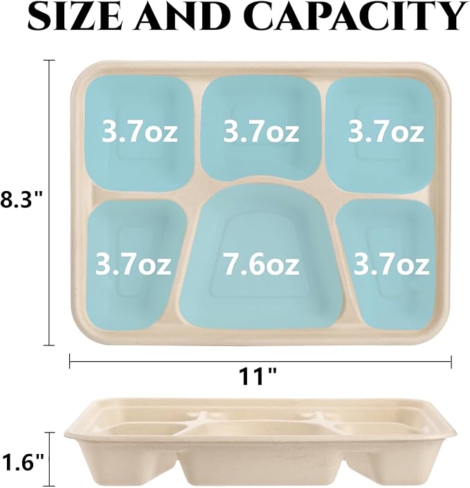 Peohud 50 Pack 6 Compartment Disposable Paper Plates, Bagasse School Lunch Tray, Heavy-Duty Sugarcane Plates, Microwavable Safe
