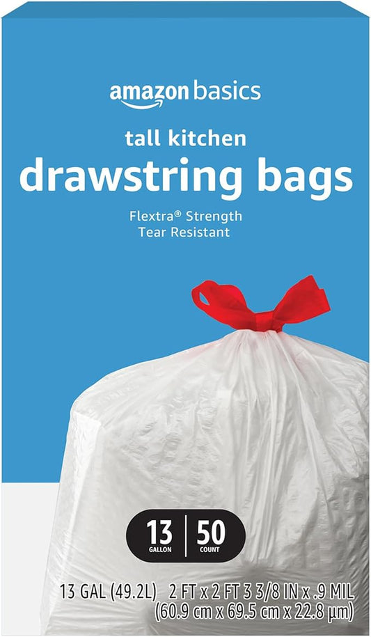 Amazon Basics Flextra Tall Kitchen Drawstring Trash Bags, 13 Gallon, 50 Count, Tear-Resistant, Unscented