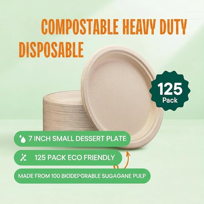 125 Pack 6 inch Paper Plates, Heavy-Duty Disposable Paper Plates 100% Compostable - Biodegradable Bagasse Dessert Plates Bulk for Party, Wedding, Snacks (Natural) (6 Inch 125 Pack Brown)