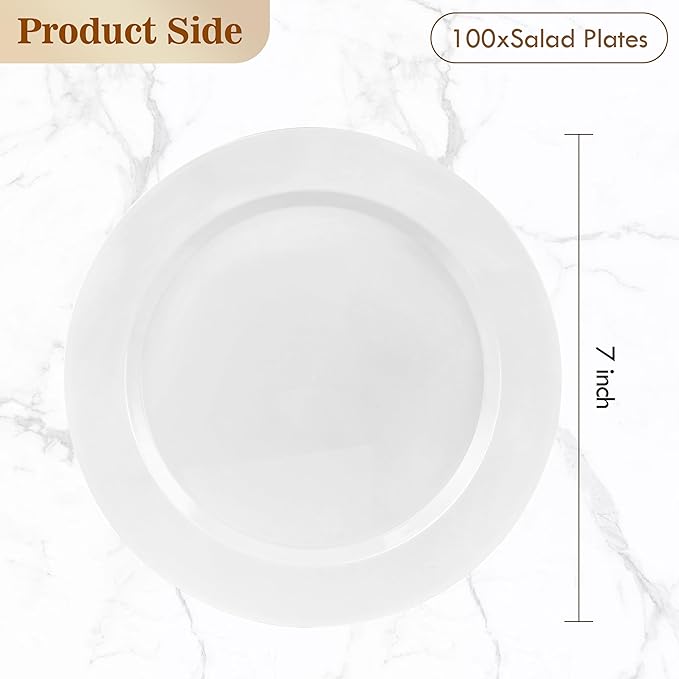 BESTVIP 100PCS 7 Inch White Plastic Dessert Plates, Disposable Plate for Appetizers, Small Cakes, Small Heavy Duty Disposable Plastic Plates for Parties, Wedding and Birthday