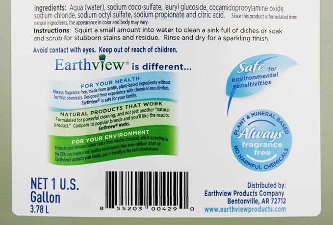 Fragrance Free, Free & Clear, Liquid Dish Soap, 128 Fl Oz (1 Gallon)| Designed for Environmental Sensitivities (MCS, EI, MI, Sulfate free, SLS free, Sensitive Skin, Unscented, Free and Clear, Naturally Derived, Plant Based, Unscented, Non-Toxic, Eco-Fr...