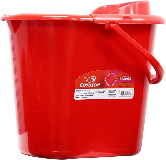 Condor Professional Bucket with Drainer, Red Plastic Mop Bucket, Built-in Measuring Scale, Cleaning Container