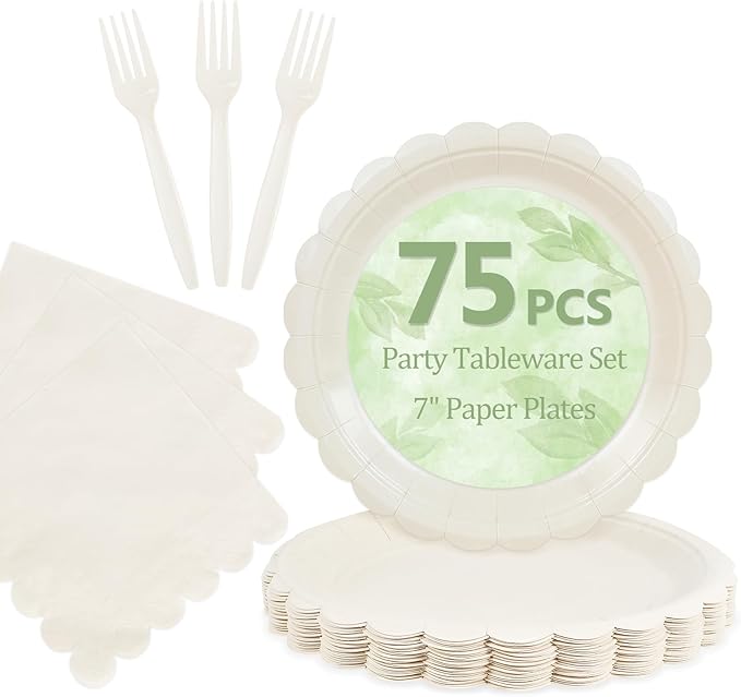 Mulbozy 75 Cream Plates and Napkins Disposable Set Includes 25 Dessert Cake Scalloped Plates, Cocktail Napkins & Forks, for Fork 25 Guests Holiday Party Supplies.