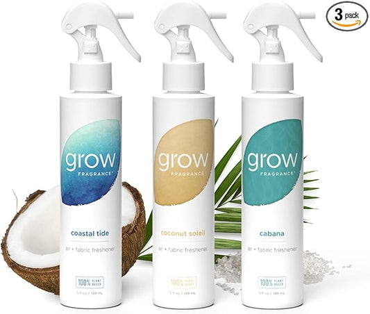 Grow Fragrance Certified Non Toxic, 100% Plant Based Fabric and Room Air Freshener Spray. Made with All Natural Essential Oils | Summer 3 Pack (Coconut Soleil, Cabana, Coastal Tide) 3 x 5oz