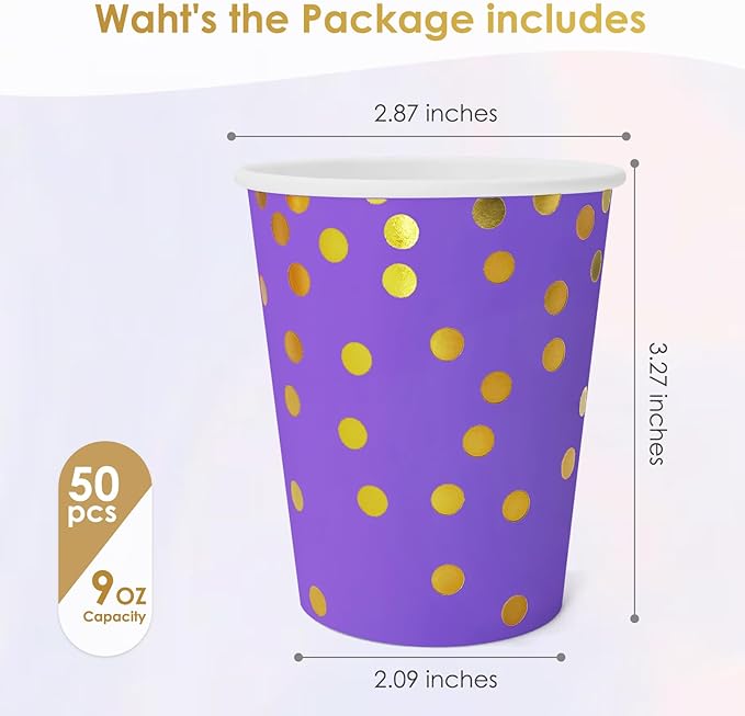 Purple and Gold Paper Cups,9 oz Purple and Gold Disposable Cups,Paper Cups for Birthday Wedding Party Supplies(50 Pcs)