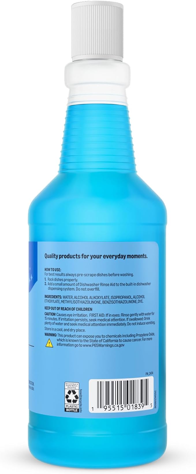 Amazon Basics Dishwasher Rinse Aid Liquid, Prevents Spots, Enhances Drying, Sparkling Finish, 32 Fl Oz, 1-Pack