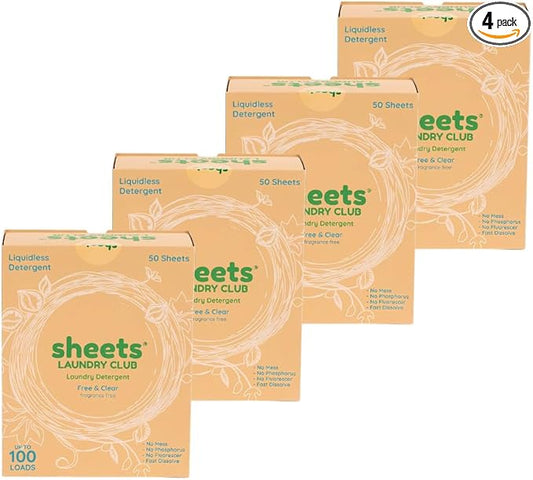 Sheets Laundry Club Laundry Detergent Sheets Free & Clear, 4-Pack, Fragrance-Free, Hypoallergenic, Eco-Friendly Laundry Soap