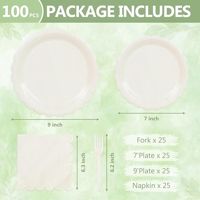 Mulbozy 100 Cream Plates and Napkins Disposable Set Includes 25-9" & 25-7" Dessert Cake Scalloped Plates, Cocktail Napkins, Forks for for Holiday Party Supplies
