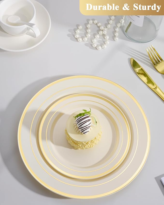 Goodluck 120 PCS Ivory and Gold Plastic Plates, Heavy Duty Disposable Ivory Plates with 60 10.25 inch Dinner Plates and 60 7.5 inch Dessert Plates for Party, Holiday, Wedding
