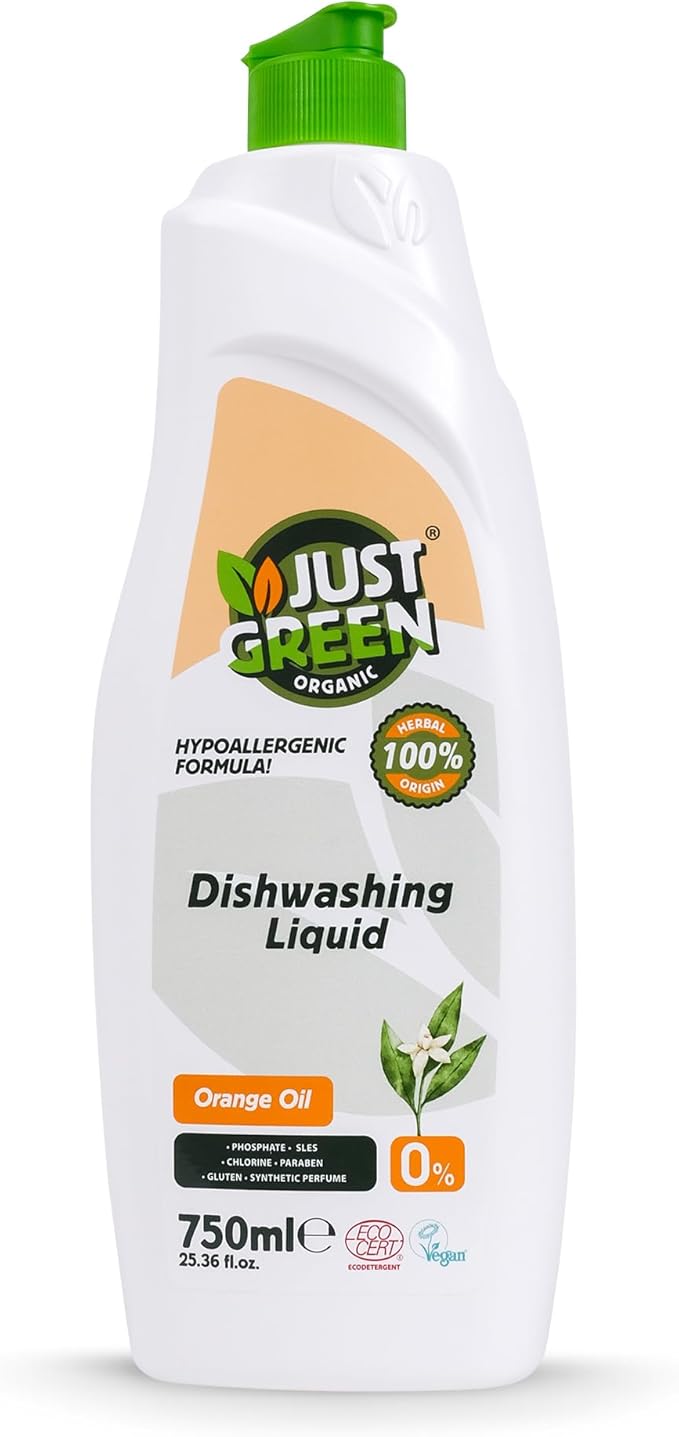 Dish Soap, Plant-Based Dishwashing Liquid, Non-Toxic, Hypoallergenic, EcoCert Certified, Vegan, Grease-Cutting, Orange Scent, 25.36 fl oz (750 ml)