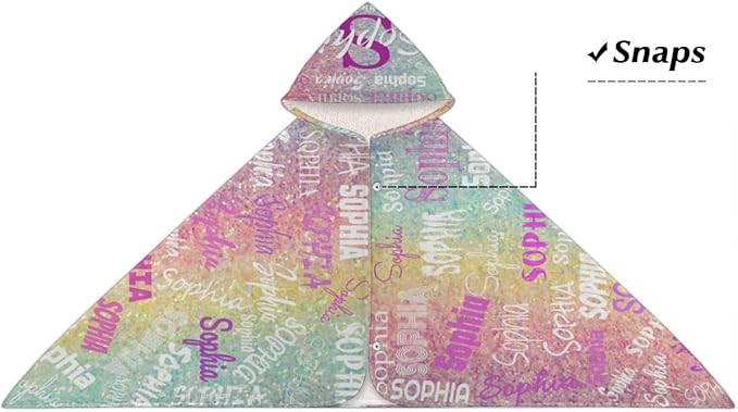 Custom Kids Hooded Beach Towel with Name, Swimsuit Cover-up Wrap Travel Holiday Bath Towel with Snaps, One Size, Colorful Rainbow Glitters Effect Name Ranked Print