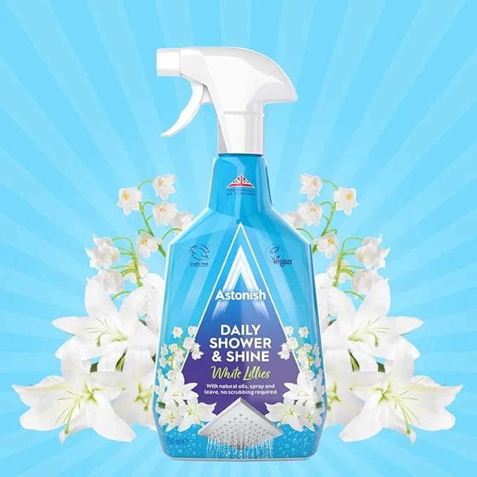 Astonish Daily Shower Shine White Lilies Cleaning Spray - No Scrub After Shower Spray Foam Prevents Watermarks & Limescale Buildup - Vegan Cruelty-Free Household Cleaning Products, 750ml Spray Bottle