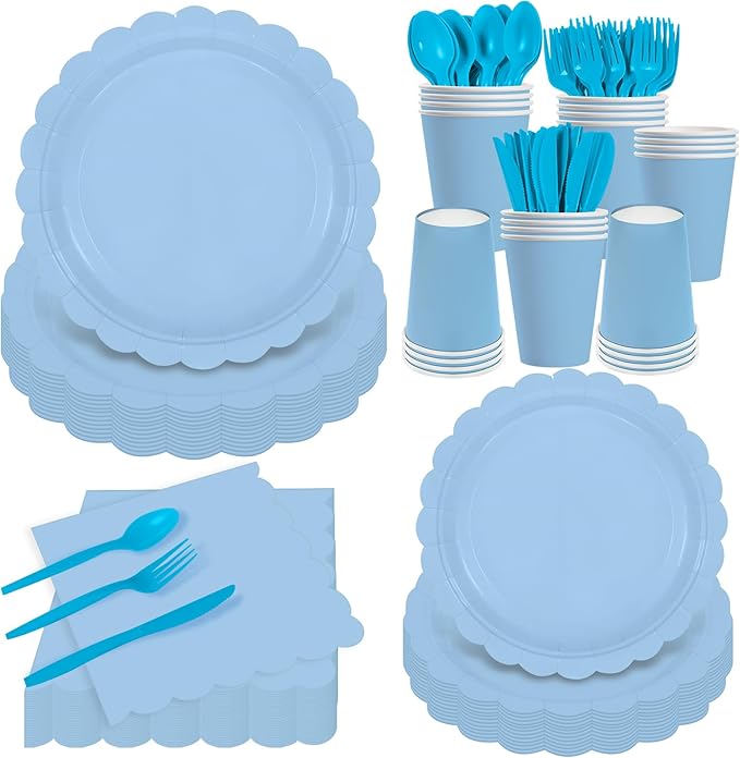 140 Pcs Light Blue Paper Plates and Napkins, Blue Party Supplies Include Light Blue Scalloped Plates Napkins Cups Plastic Spoons Forks Knives for Baby Shower,Wedding,Birthday