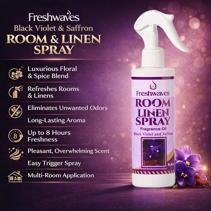 Freshwaves Black Violet & Saffron Fragrance Oil Spray | 8oz Air Freshener | Room Odor Eliminator for Living Room, Bedroom, Bathroom & Office