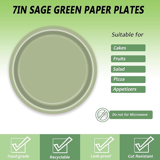 72 Pcs Sage Green Paper Plates 7in Disposable Dessert Plates Napkins and Forks Party Tableware Set Decoration Supplies for Birthday Baby Shower Wedding Holiday Graduation Bridal Shower Party, Serve 24
