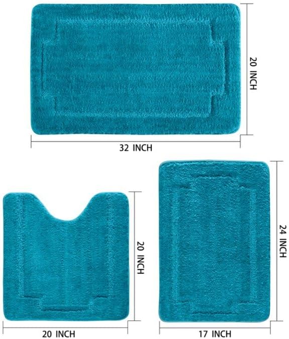 Bath Rugs Set 3 Pieces Bathroom Mat Soft Absorbent Plush Shaggy Soft Floor Non Slip Shower Bath Tub Machine Washable (Teal-ser, 20"x32"/20"x20"/17"x24")