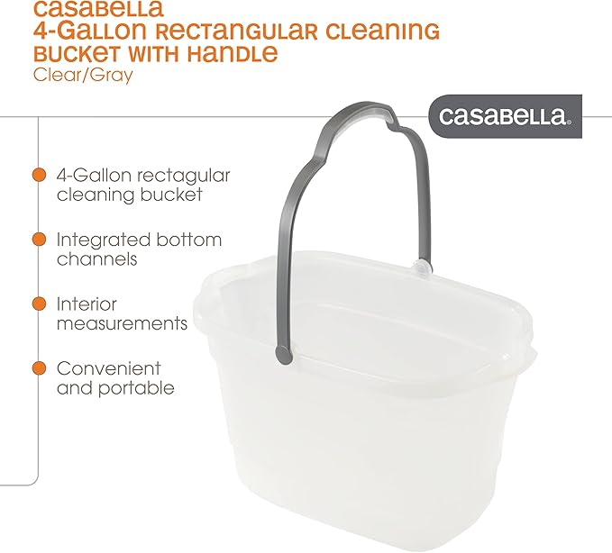 Casabella Plastic Multipurpose Cleaning Storage Caddy with Handle, 1.85 Gallon, Gray and Orange & Plastic Rectangular Cleaning Bucket with Handle, Clear, 4 Gallon