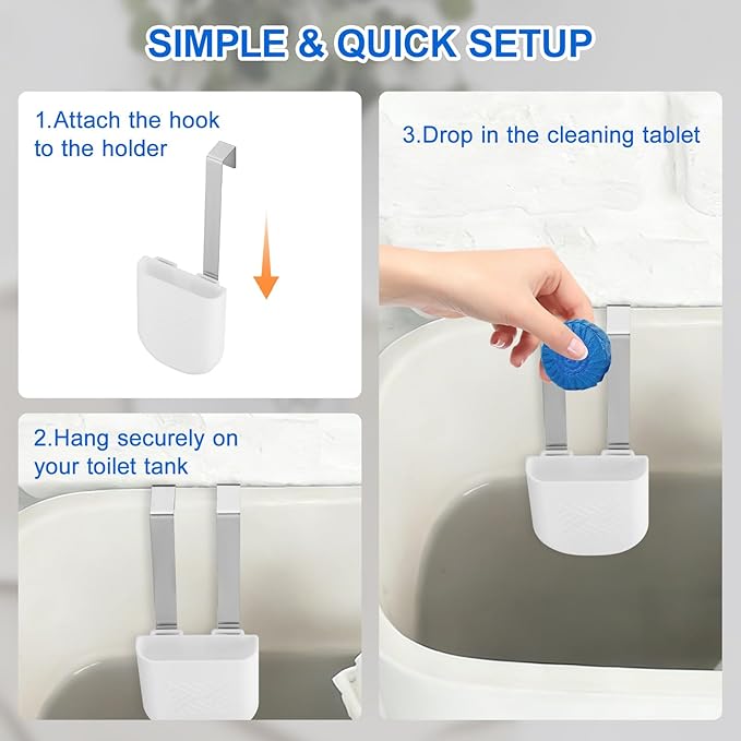 4 Pack Toilet Bowl Cleaner Holder, Hanging Toilet Tank Caddy with Dual Stainless Steel Hooks, White Toilet Cleaner Organizer for Cleaning Tablets, Bleach Discs