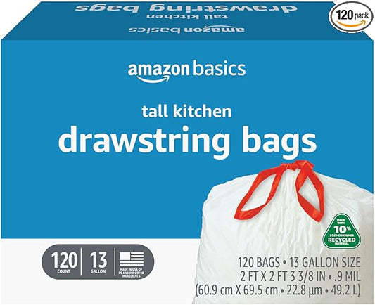 Amazon Basics 13 Gallon Tall Kitchen Drawstring Trash Bags, Unscented, 10% Post Consumer Recycled, 120 Count, White