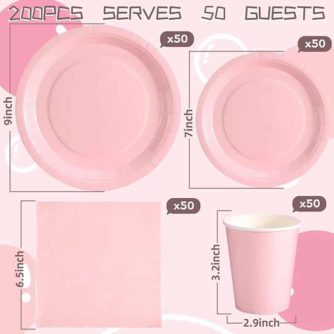 200 Pcs Baby Pink Plates and Napkins Party Supplies, Girl Baby Shower Plates and Cups and Napkins Sets Serves 50, Light Pink Party Decorations, Bow Birthday Decorations