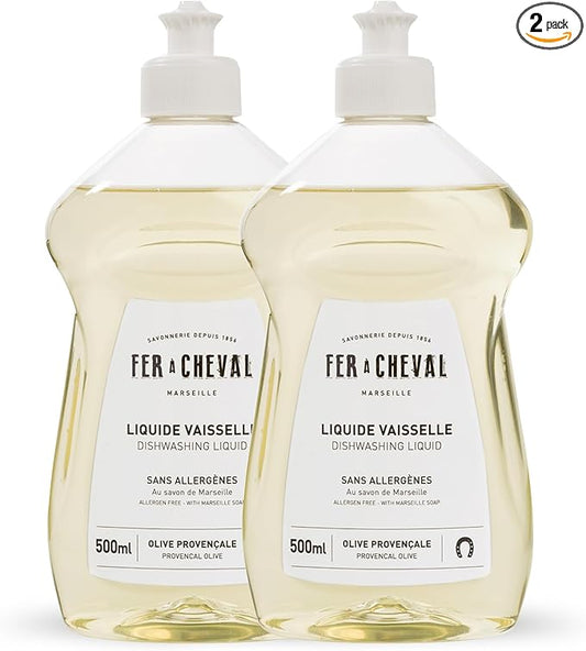 Fer à Cheval Marseille Dishwashing Soap, Allergen Free, Olive Oil Based, Made in France, Liquid Dish Soap, 2 Pack, 500 ml / 16.9 fl oz Each