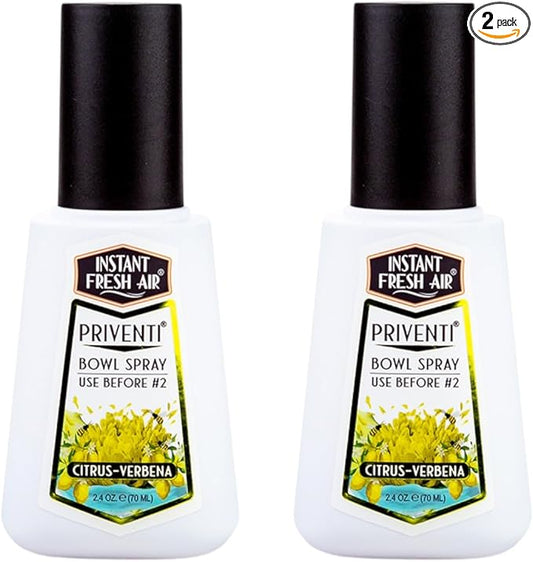 2-Pack - Instant Fresh Air Priventi Toilet Spray & Bathroom Spray Odor Eliminator - Up to 300 Uses - Travel Size Odor Elimination for #2 - Citrus Verbena Fragrance - 2.4 oz