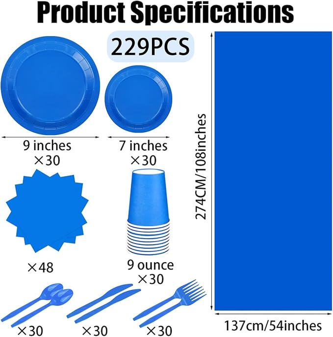 229PCS Blue Party Supplies Set Paper Disposable Plates Cups Plastic Spoons Forks Knives Blue Napkins for 30 Guests Disposable Party Dinnerware Set for Wedding Birthday Parties