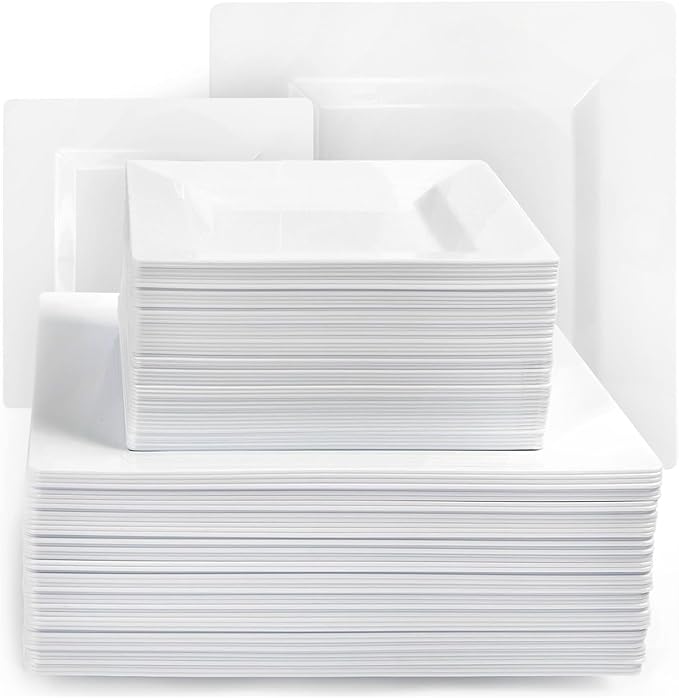 Aya's Cutlery Kingdom 200 Square Disposable Plates - White, Heavy-Duty 100 Plastic Dinner Plates (10-Inch) and 100 Salad Appetizer (7-Inch) for Weddings, Thanksgiving, Parties, Celebrations, Christmas
