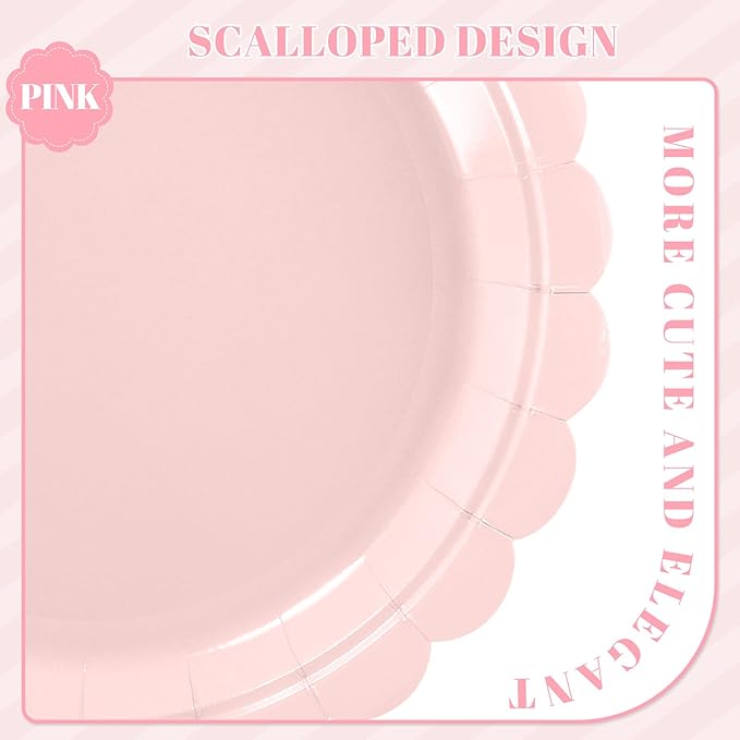 NatNarr 30 Pcs Pink Paper Plates, 7 Inch Scalloped Pink Dessert Cake Plates Cute Small Birthday Appetizer Party Plate for Girls Birthday, Wedding, Bridal Baby Shower