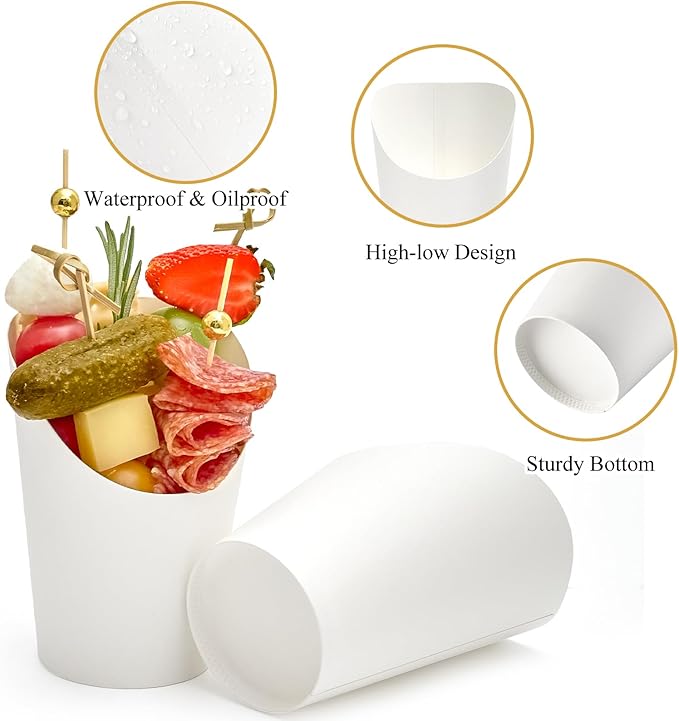 ZORRITA 50 Sets 14 oz Charcuterie Cups with Sticks and Bags, Individual White Paper Charcuterie Boxes Disposable Individual Appetizer Serving Cups (50 Cups + 200 Cocktail Picks + 50 Bags + 50 Ties)