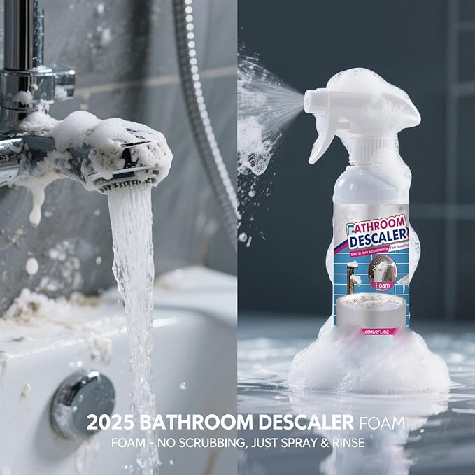 XIRUJNFD 2025 Bathroom Descaler Foam Cleaner, 2 floz Bathroom Descaler Foam Cleaner Spray, All Purpose Rinse Cleaning Foams for Shower Room, Glass, Sink, Toilet, Bathtub, Faucet (1 SET)