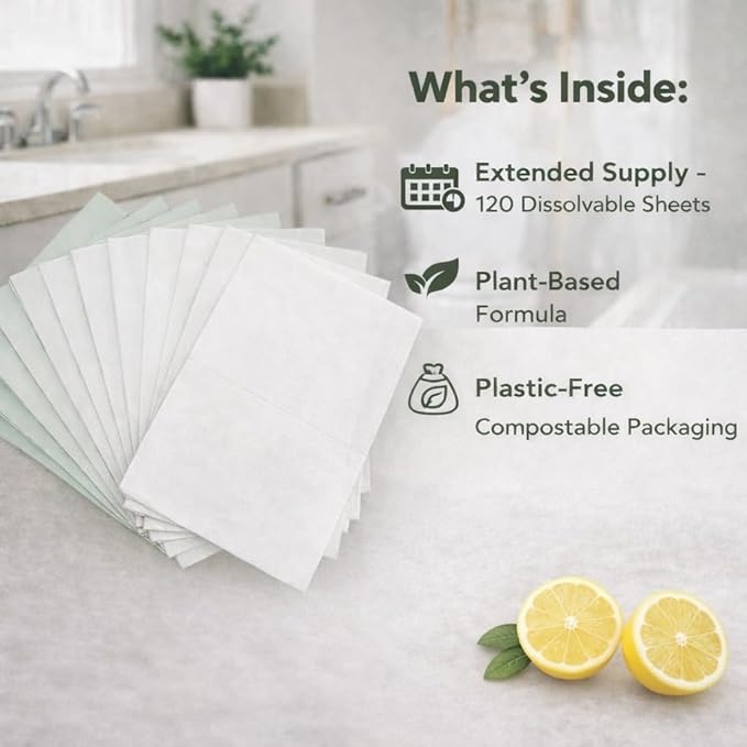 Toilet Bowl Cleaner Sheets | 120 Cleans | Natural | Quick Dissolve | Deodorizing Citrus Scent | Biodegradable | Septic Safe | Eco-Friendly | NO PLASTIC