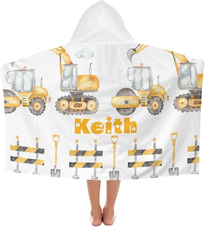 Hooded Bath Towels for Kids, Construction Bulldozer Excavator Personalized Towel for Swimming Robe | Bathing | Beach | Birthday Gifts