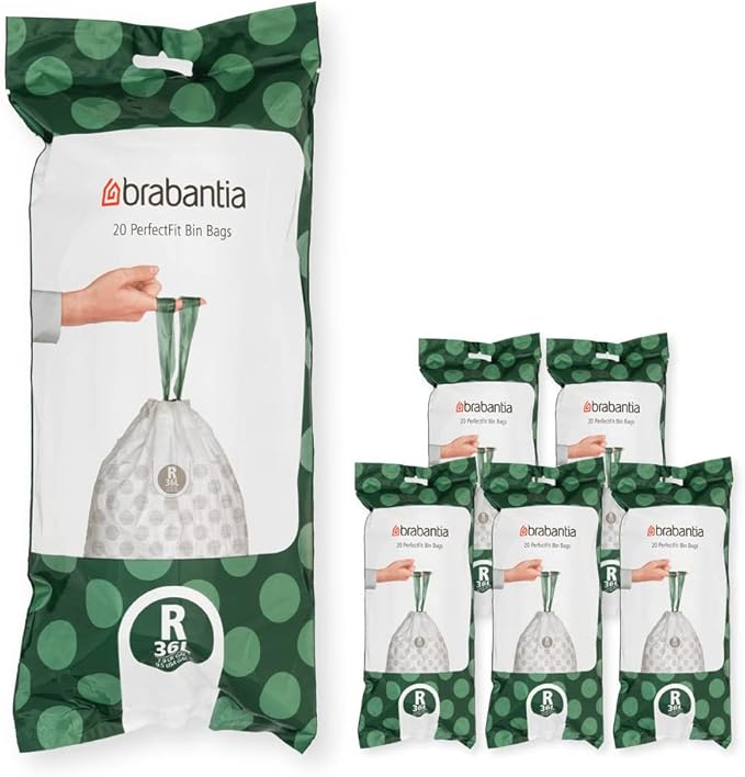 Brabantia PerfectFit Trash Bags (Size R/9.5 Gal) Thick Plastic Trash Can Liners with Drawstring Handles (120 Bags)