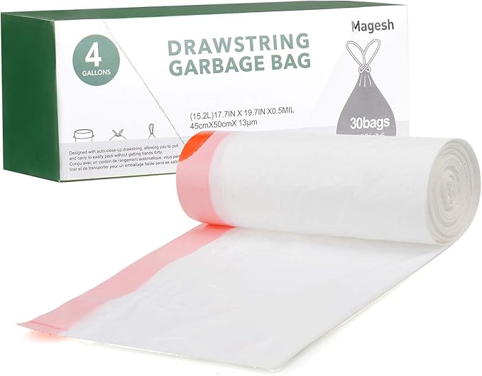 Magesh 4 Gallon Small Drawstring Trash Bags, 30 Counts, White