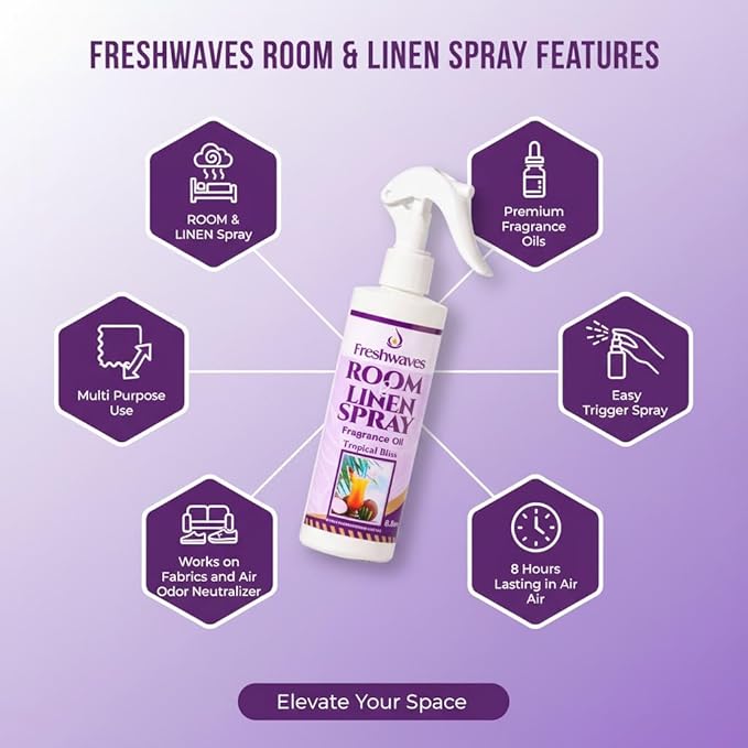 Freshwaves Room & Linen Spray | Tropical Bliss Fragrance Oil | 8.8oz Air Freshener | Odor Eliminator for Living Room, Bedroom, Bathroom & Office
