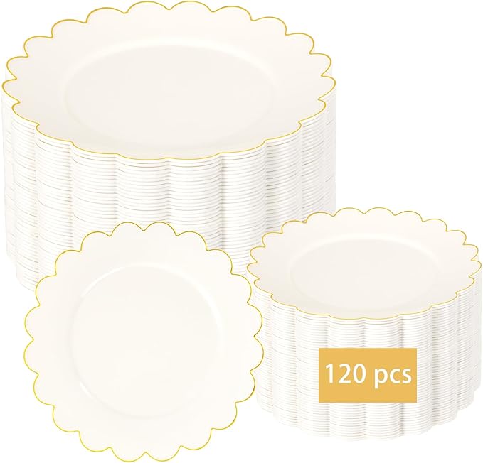 LIYH 120 Pcs Ivory Scalloped Plastic Plates Disposable - Ivory and Gold Plastic Plates - Gold Fancy Disposable Party Dinner & Dessert Plate for Wedding Birthday