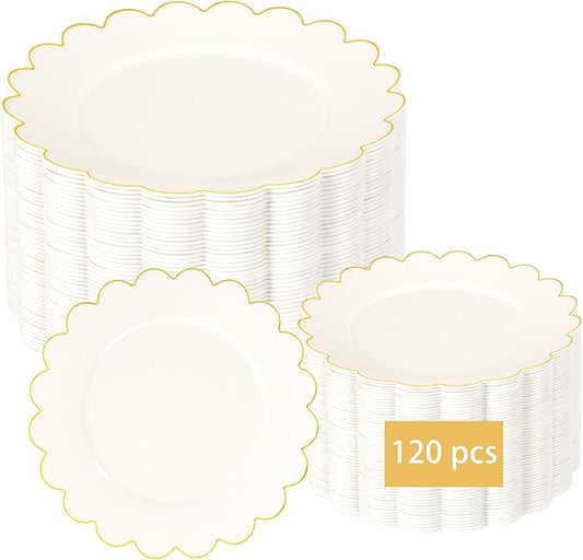 LIYH 120 Pcs Ivory Scalloped Plastic Plates Disposable - Ivory and Gold Plastic Plates - Gold Fancy Disposable Party Dinner & Dessert Plate for Wedding Birthday