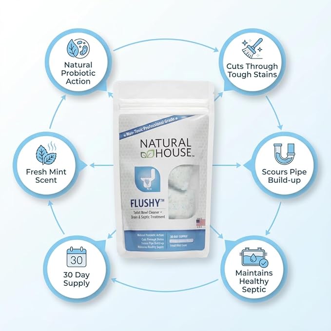 Natural House Flushy - Plant-Based Enzyme Foaming Toilet Bowl Cleaner - Removes Hard Water Stains, Rust, Calcium - Septic-Compatible, Plumbing-Friendly - Mint Scent - 60 Count