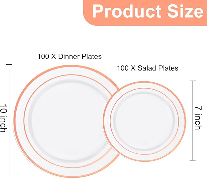 I00000 200 Pcs Rose Gold Plastic Plates, Disposable Party Plates Include 100 Gold Dinner Plate 10’’ and 100 Disposable Dessert Plate 7’’ Perfect for Party, Wedding & Birthday