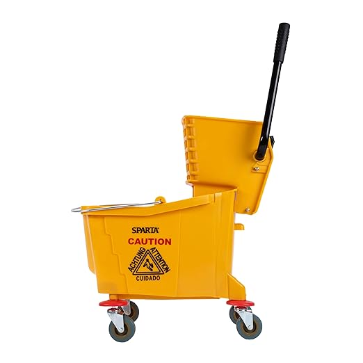 Carlisle FoodService Products 35-Quart Commercial Mop Bucket with Side-Press Wringer, Integrated Pour Spout, and Smooth Rolling Casters for Commercial Cleaning, Durable Polypropylene, Yellow