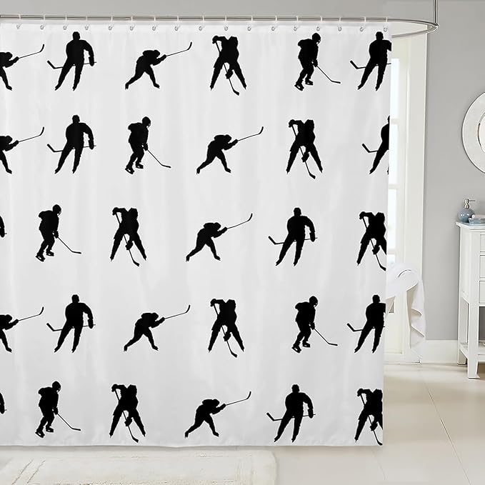 Feelyou Ice Sports Games Bath Curtain Ice Hockey Shower Curtain for Kids Hockey Player Bathroom Shower Curtain Set Waterproof Puck Hockey Silhouette Style Decor Kids Bathroom Accessories 72"x78"