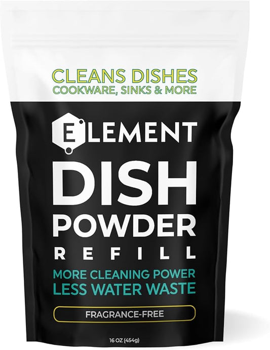 ELEMENT Dish Powder | Grease-Fighting Dish Soap | No Harsh Chemicals, Liquidless, Plastic-Free | Plant-Based Pouch | 16 OZ (Fragrance-Free, 16 OZ Refill Pouch)
