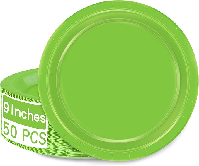 QZYL 50 PCS Disposable Dinner Plates, 9 Inch Lime Green Heavy Duty Round Plates for Daily Use, Picnic, Anniversary, Birthday, St. Patrick's Day Parties