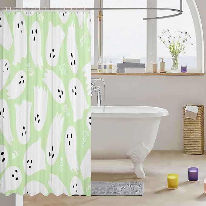 Cartoon Ghost Fabric Shower Curtain,White Green Watercolor Hand Draw Print Shower Curtain,Halloween Waterproof Shower Curtain for Bathroom,72 Inch Long