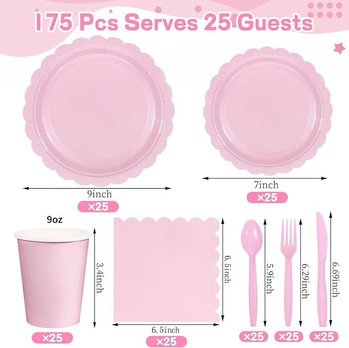 175 Pcs Pink Plates and Napkins, Pink Party Decorations Include Scalloped Birthday Plate Napkins Cups Plastic Cutlery Disposable Dinnerware for Girls Birthday, Wedding, Bridal Baby Shower