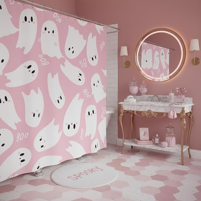 Castle Fairy Happy Halloween Shower Curtain,Cartoon Ghost Pink White Bath Curtain for Kids Bathroom Decor,Watercolor Print Waterproof Shower Curtain 72" Wx84 L