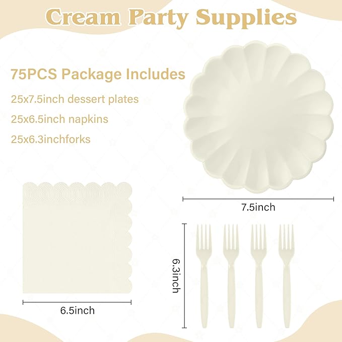 75 Pcs Ivory Paper Plates and Napkins Disposable Tableware Set Include Cream Scalloped Plates with Shell Edge, Napkins & Plastic Forks for Wedding Baby Shower Birthday Party, Serve for 25 Guests