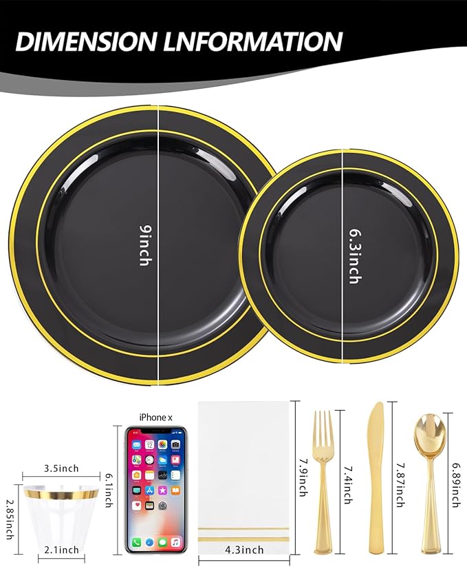GATHER 350PCS Black Plastic Plates - Black and Gold Disposable Dinnerware Set Include 100 Plates, 150 Gold Silverware, 50 Napkins, 50 Cups for Party & Wedding & Birthday & Graduation