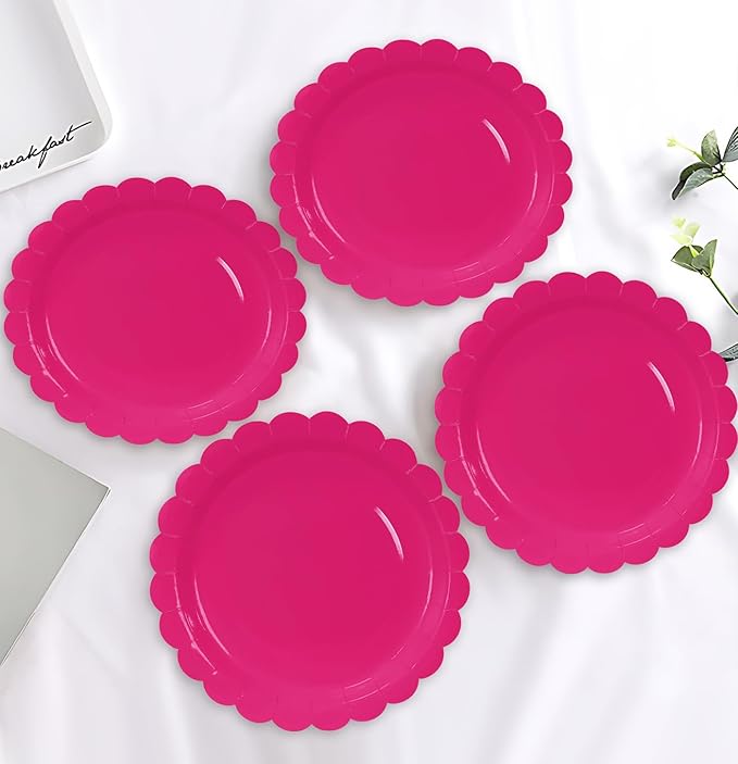 HEIPINIUYE 25 Pieces Hot Pink Paper Plates 9 Inch Disposable Hot Pink Scalloped Dinner Plates for Wedding Baby Shower Birthday Party Dessert Plate